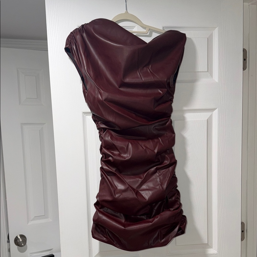 Ruched Strapless Mini Dress in Burgundy Faux Leather